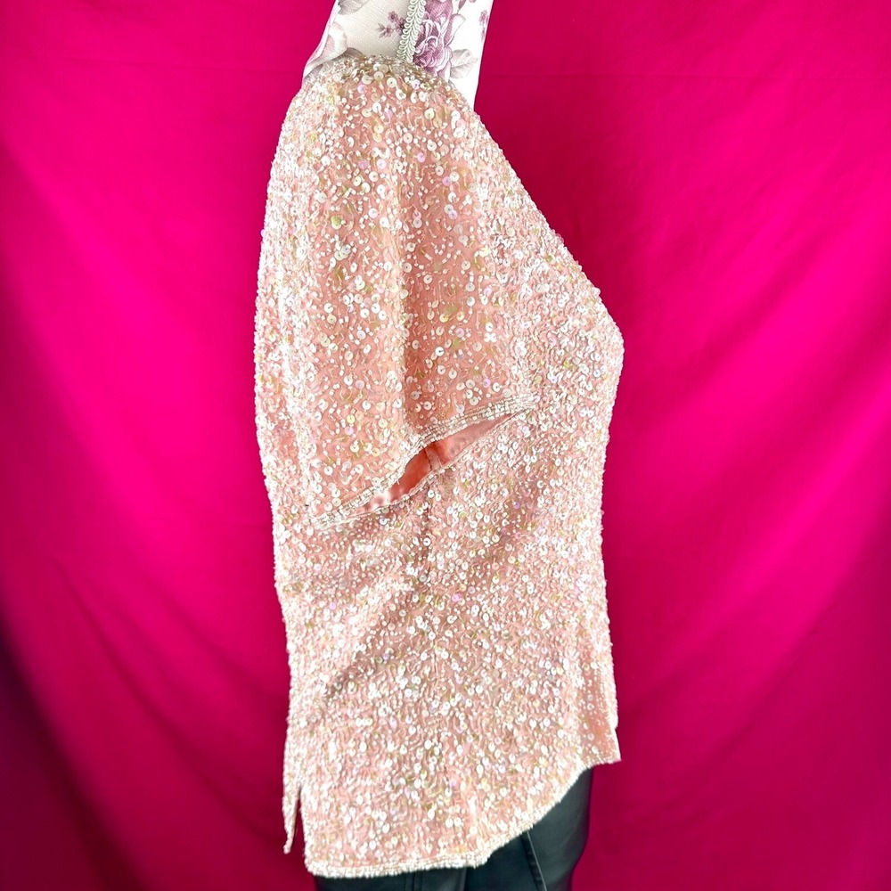 Pink Sequin Date Night Top Vintage Scala Silk Beaded Romantic Valentine Large - Picture 11 of 17